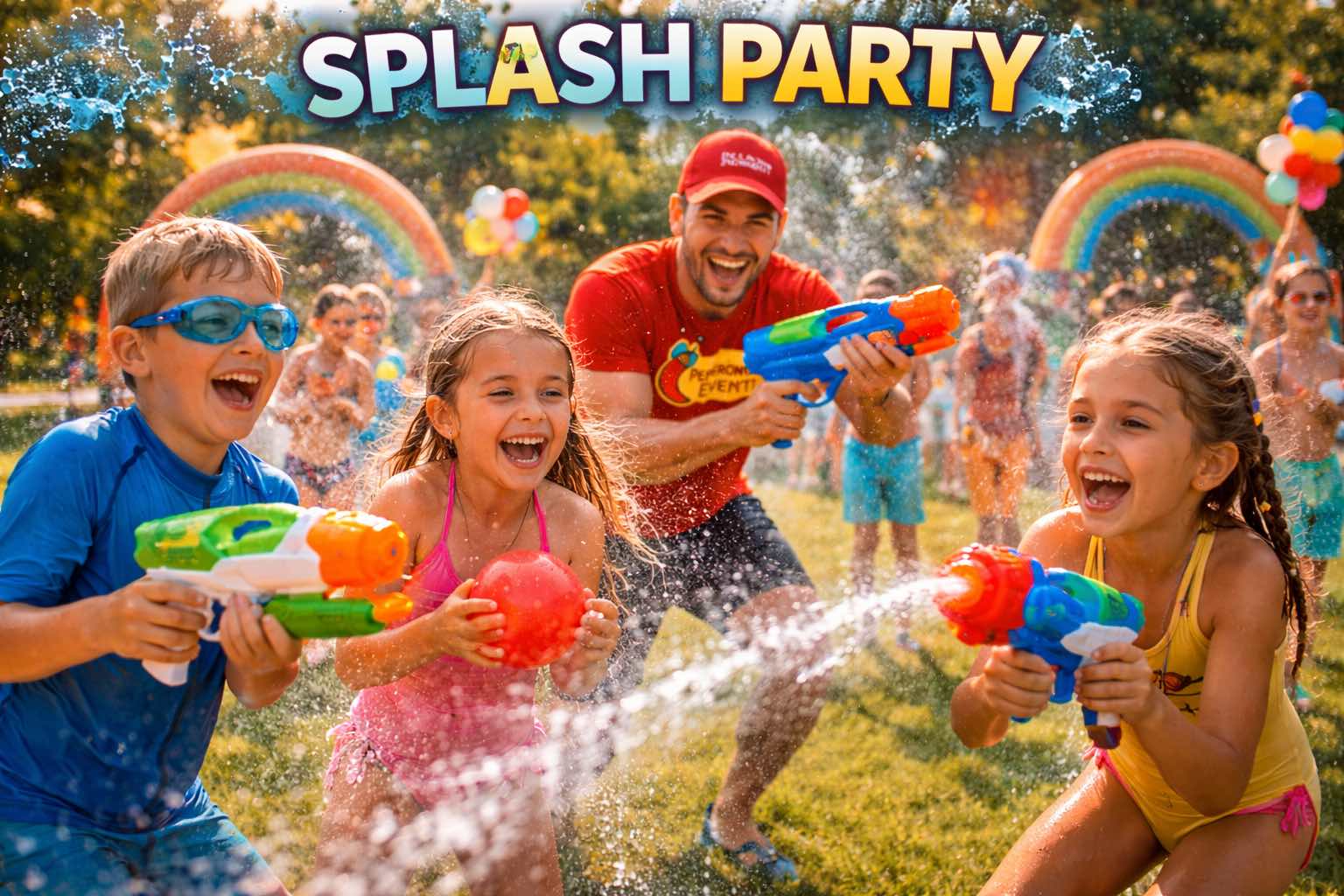 Festa con giochi d'acqua e gavettoni per bambini.